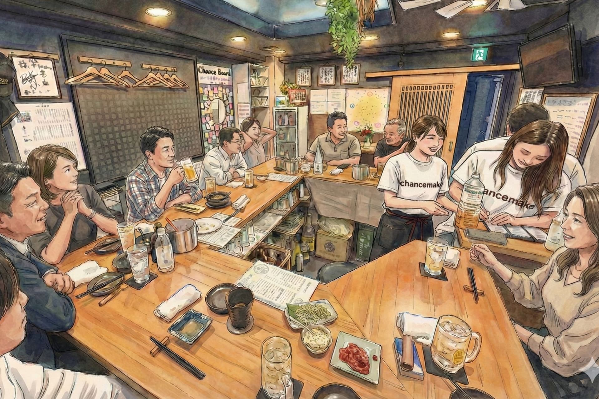 きっかけ酒場 縁がわの店内を描いたイラスト。カウンターを囲んで来店客とスタッフが語り合っている