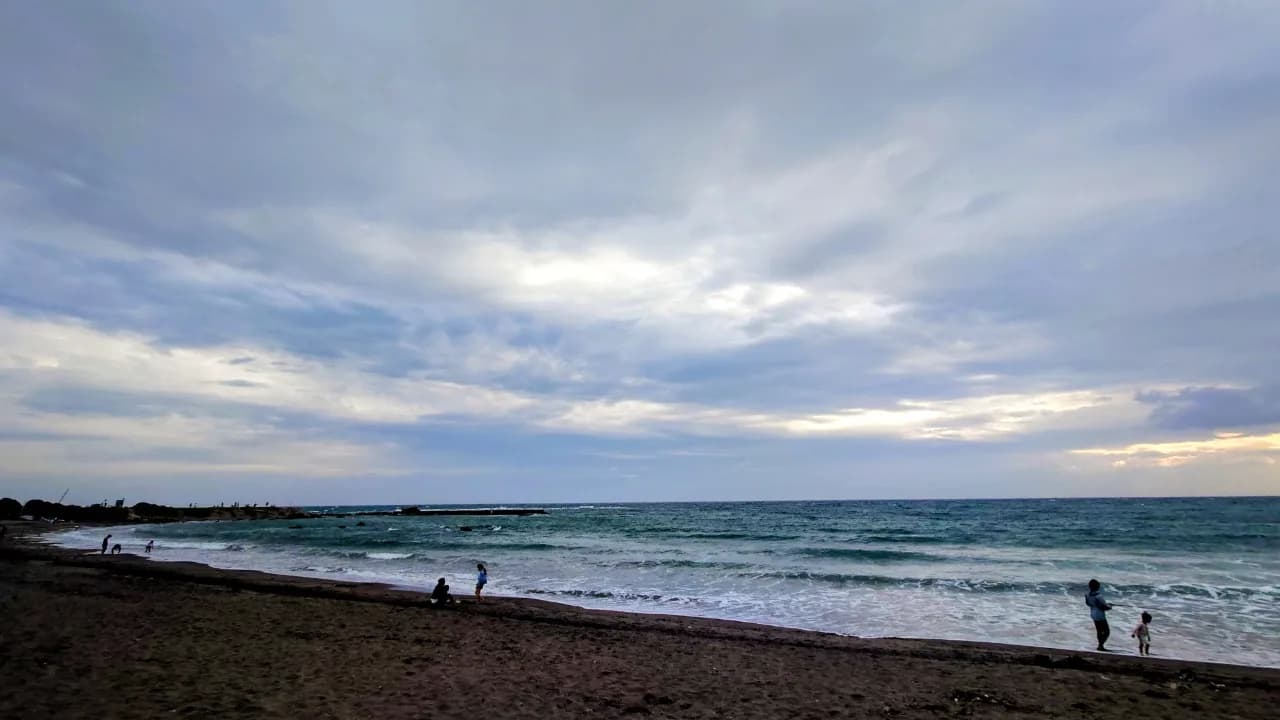 曇り空の下、波が寄せる海岸。遠くに人影がある