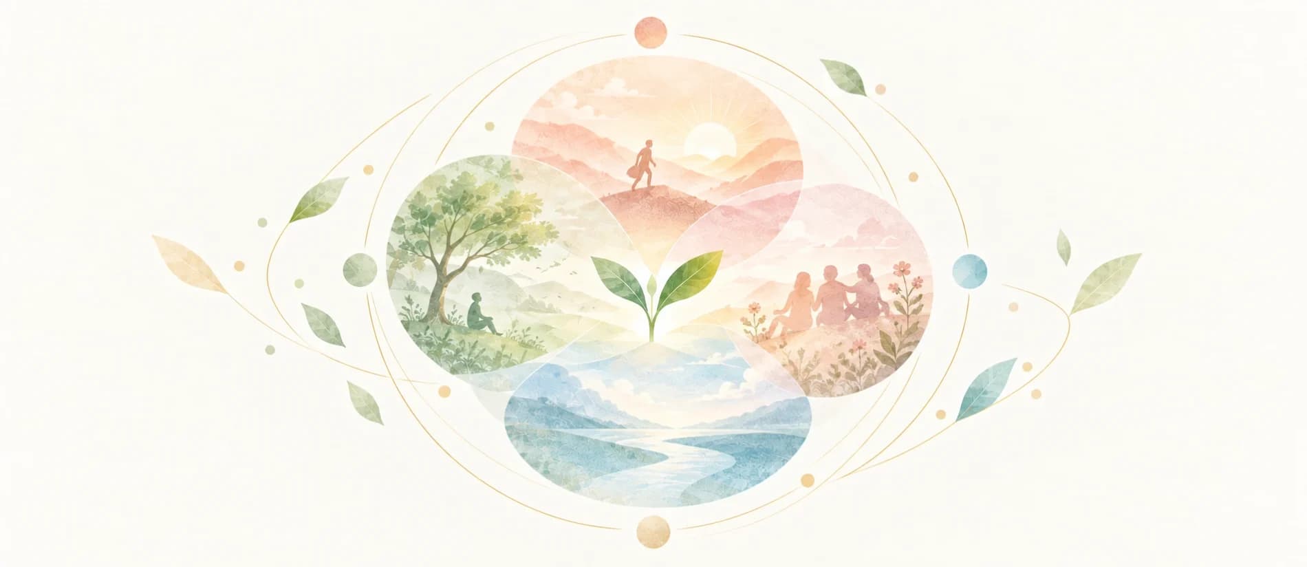 幸せの4つの因子を表したイラスト。日の出の丘、木陰、川、寄り添う人の4つの情景が重なり、その中心から若葉が伸びている