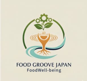 FOOD GROOVE JAPAN／FoodWell-being のロゴ。器から立ちのぼる湯気の上に若葉が伸び、水の流れが囲んでいる