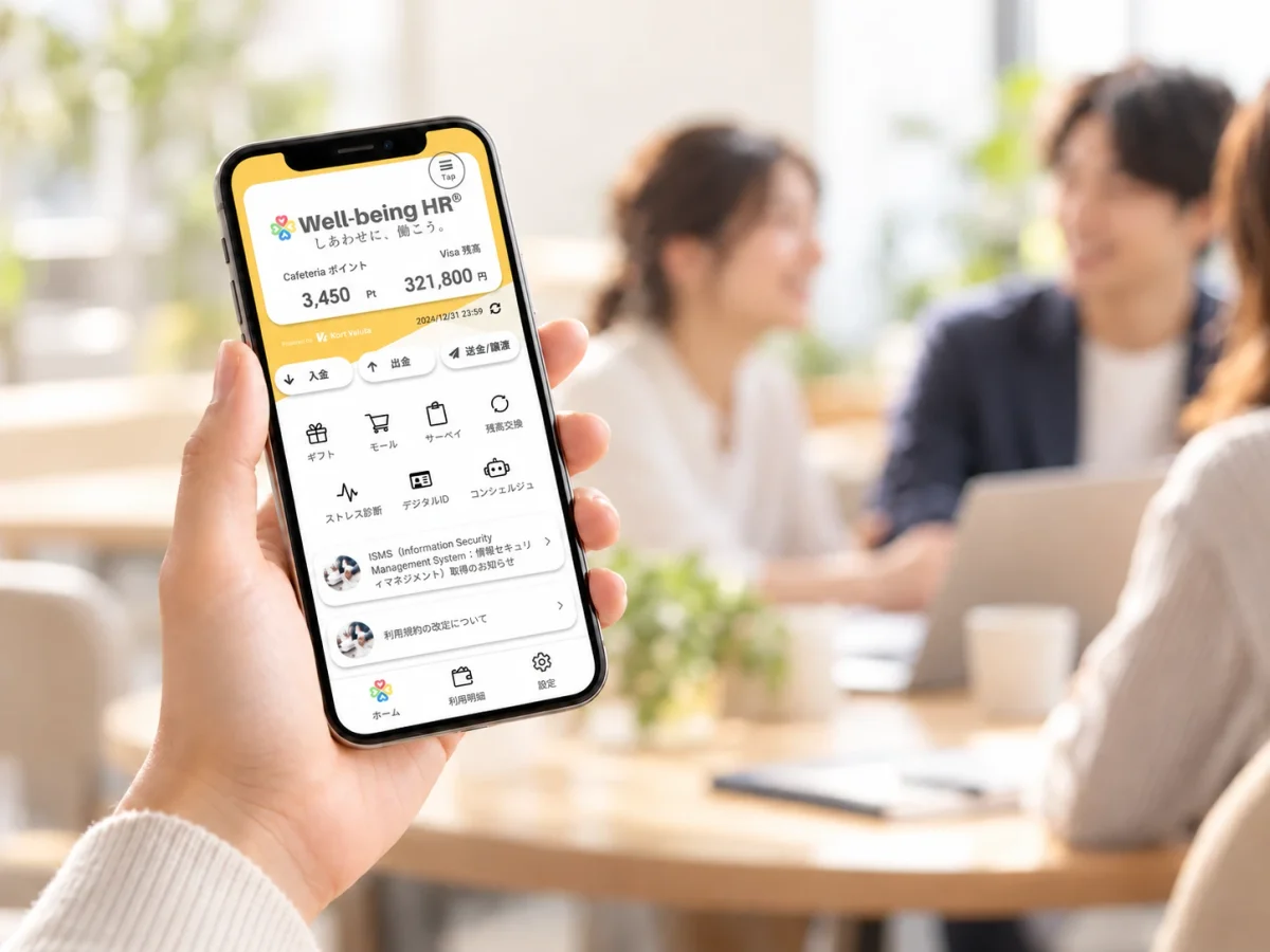 スマートフォンでWell-being HR®のアプリ画面を開いている様子。奥では3人が打ち合わせをしている