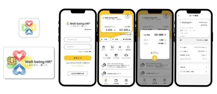 Wellponが動くアプリの画面。ログイン画面、ポイントと残高が並ぶホーム画面、残高の内訳、カード情報の4画面と、アプリのアイコン・カードが並んでいる